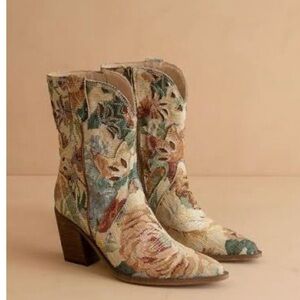 Embroidered Floral Mid-Calf Western Boots - Cream Multi